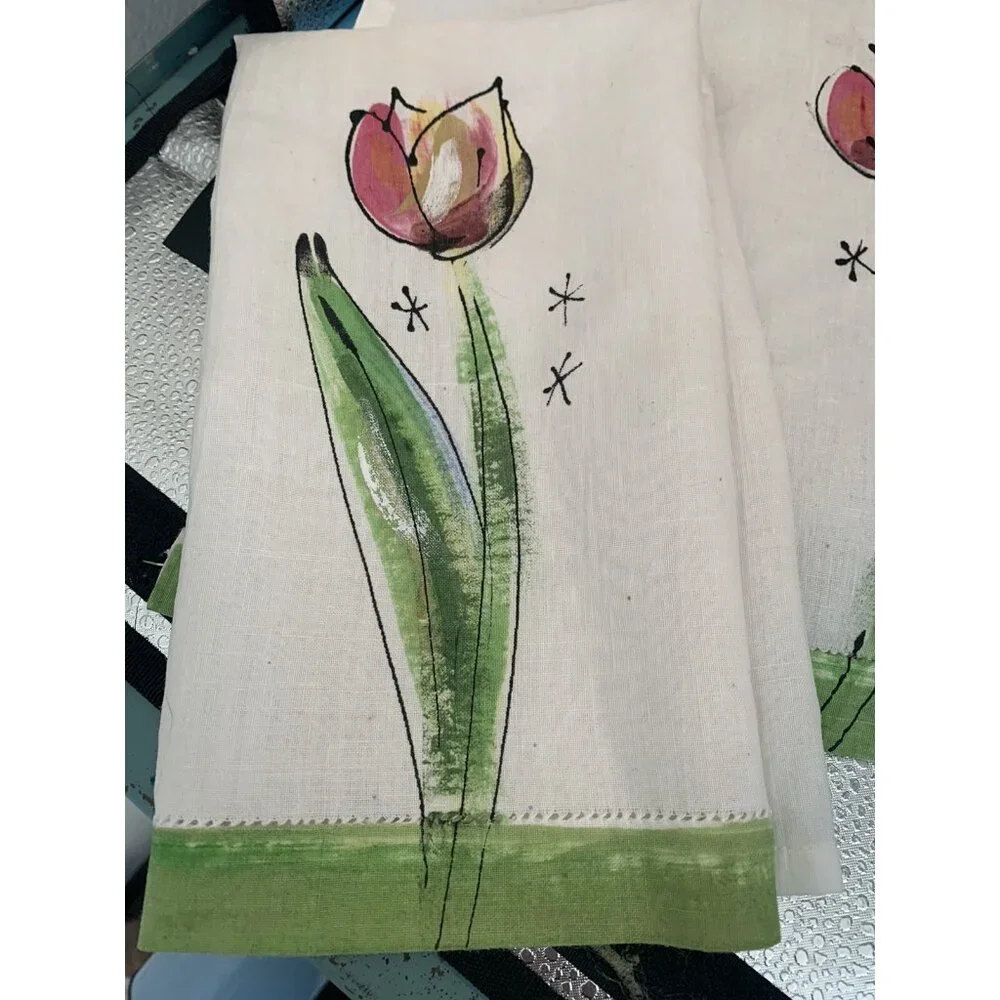 Vintage HAND PAINTED Linen Tea Towels FLORAL Hemstitch Set of 2 NOS 21
